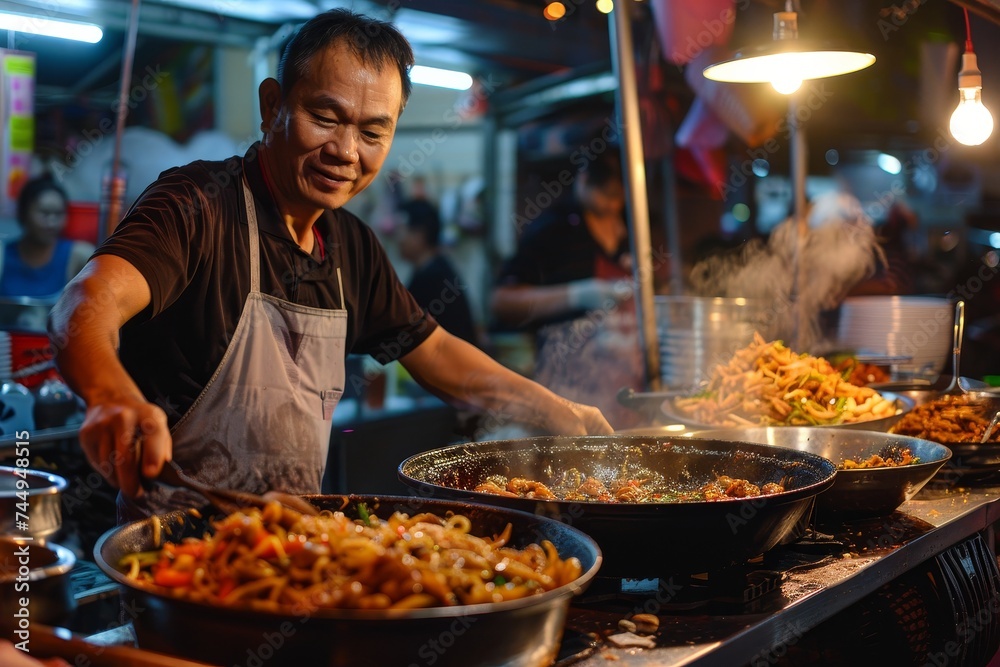 A man cooking food at a street market, in the style of uhd image, neon lights, soft-focus portraits.