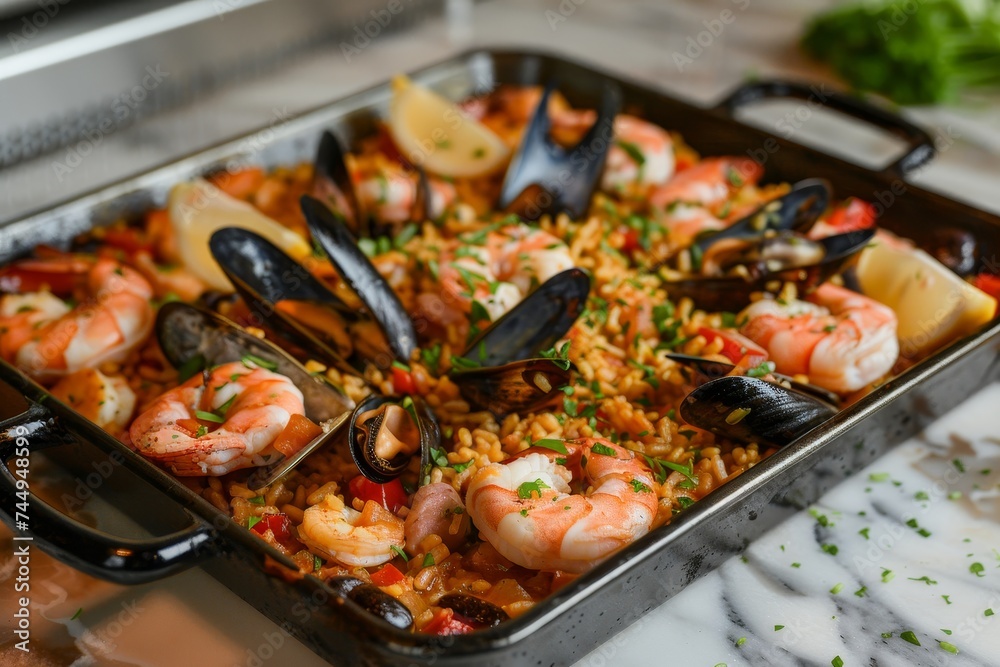 Spanish seafood paella set for you, in the style of rich and immersive, framing, marble, whistlerian, sensory experience