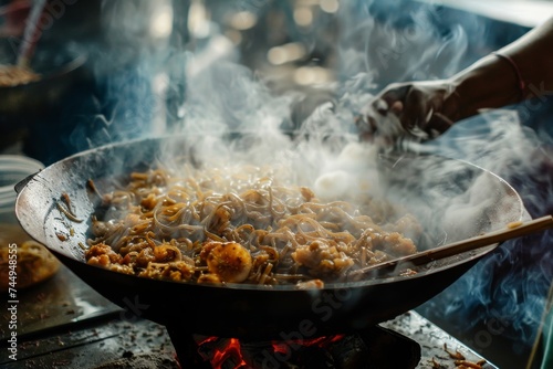 A wok cooking food in smoke near a street, in the style of expressive textural quality, light amber, intricate storytelling, radiant clusters, national geographic photo, soggy, high quality photo