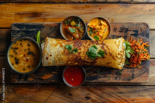 Masala dosa dish and sauce on a wooden wooden, in the style of steempunk, aerial view, depth of layers, candid moments captured, craftcore, expansive spaces, wrapped photo