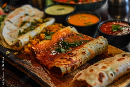 Masala dosa dish and sauce on a wooden wooden, in the style of steempunk, aerial view, depth of layers, candid moments captured, craftcore, expansive spaces, wrapped photo