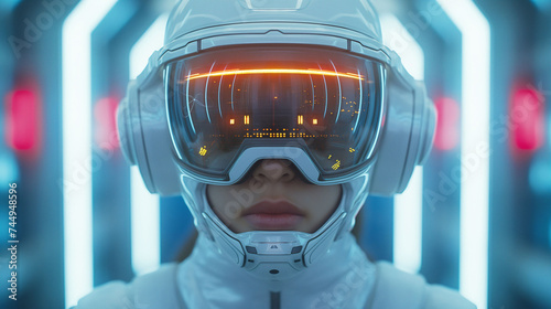 Woman wearing virtual reality helmet on a spaceship