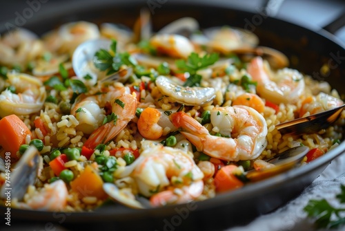 Spanish seafood paella set for you, in the style of rich and immersive, framing, marble, whistlerian, sensory experience