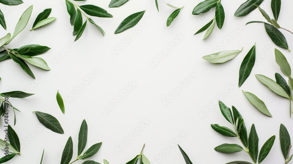 Olive leaves arranged on a white background