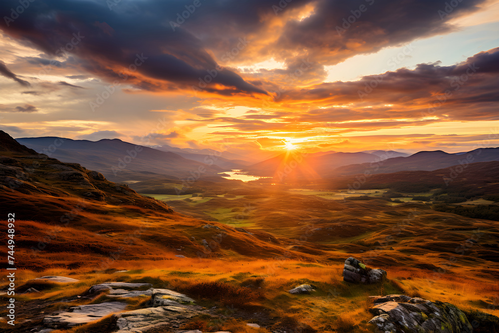 Breathtaking Highland Sunrise: A Symphony of Warm Hues and Silhouetted Terrains