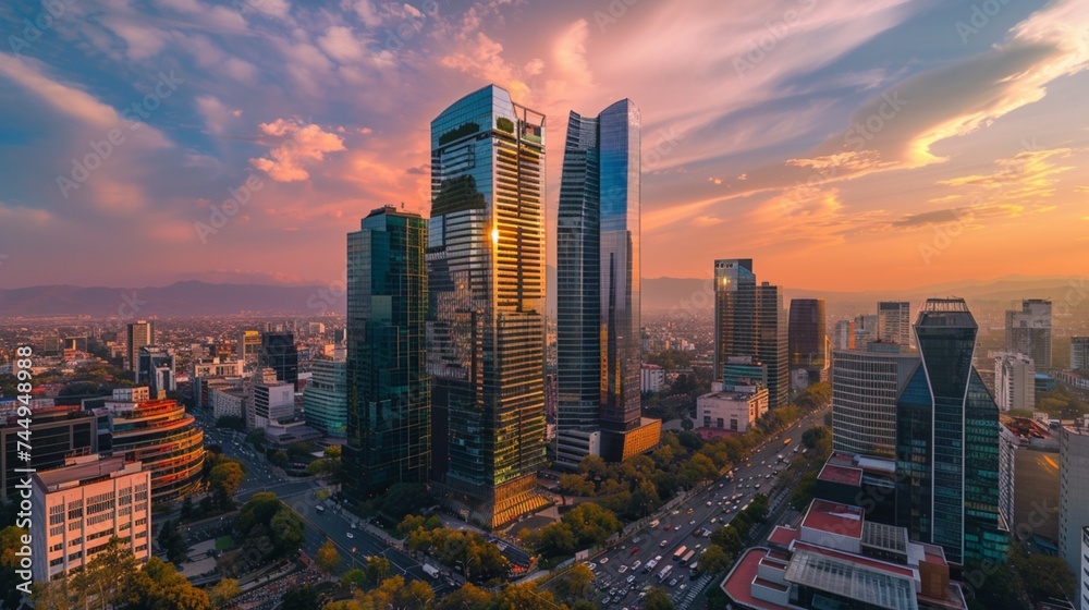 Modern buildings in Mexico City soaring into the sky, their sleek glass facades reflecting the warm glow of the sun, while bustling streets below buzz with activity