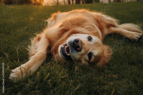 a long-haired golden retriever lies on his back on grass