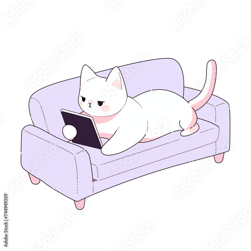 Cute little kitten lies on sofa and looking smartphone. Vector illustration. Funny animal character isolated on white background. Hobby and leisure concept clip-art. Trendy pastel colors. Web design.