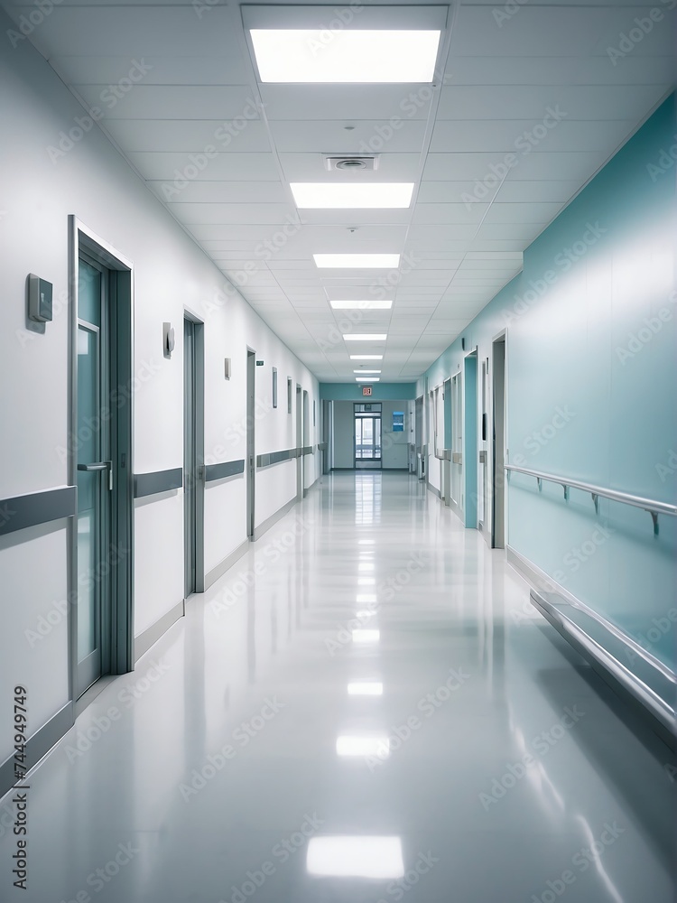 Blurred background of a light modern empty hospital walkway from Generative AI