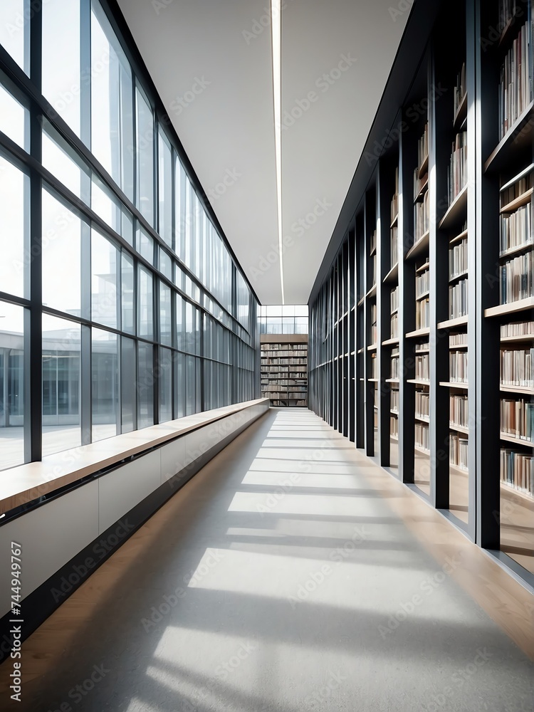 Blurred background of a light modern empty library walkway from Generative AI