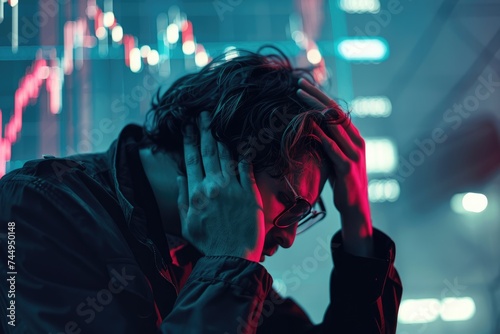 Unhappy worried male trader holding head with his hands, loser. Charts and data on background. Stock or forex trader. Wall Street trading. AI Generated
