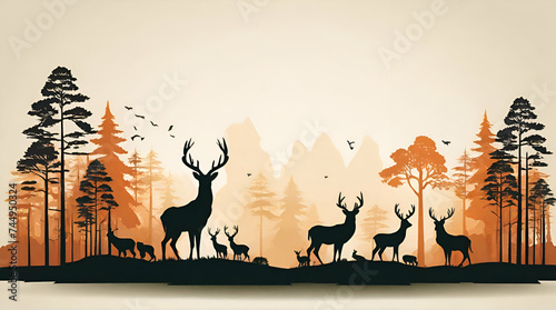 Vector vintage forest landscape with blue and grees silhouettes of trees and wild animals. generative.ai