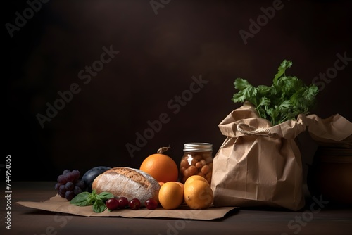 A table with a paper bag full of various healthy foods