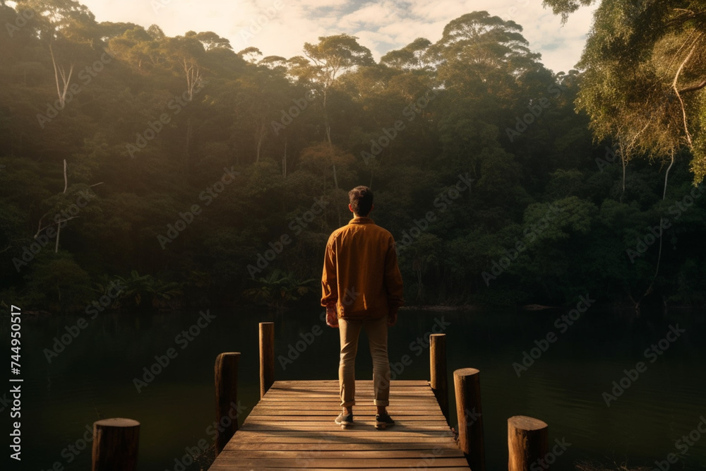 a man is standing on a wooden bridge with a river and a forest of trees on the opposite side, and the sun shines a man is standing on a wooden bridge with a river and a forest of trees on the opposite side, and the sun shines