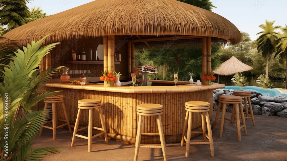 Tropical-inspired Outdoor Bar with Tiki Hut and Bamboo Accents Bring the laid-back vibe of a tropical island to your backyard with an outdoor bar inspired by Tiki culture