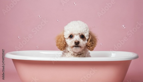 Adorable poodle puppy in a small bathtub, surrounded by soap foam and bubbles © ibreakstock