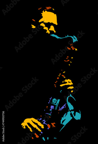 Colorful, line art, saxophone player, vector illustration.