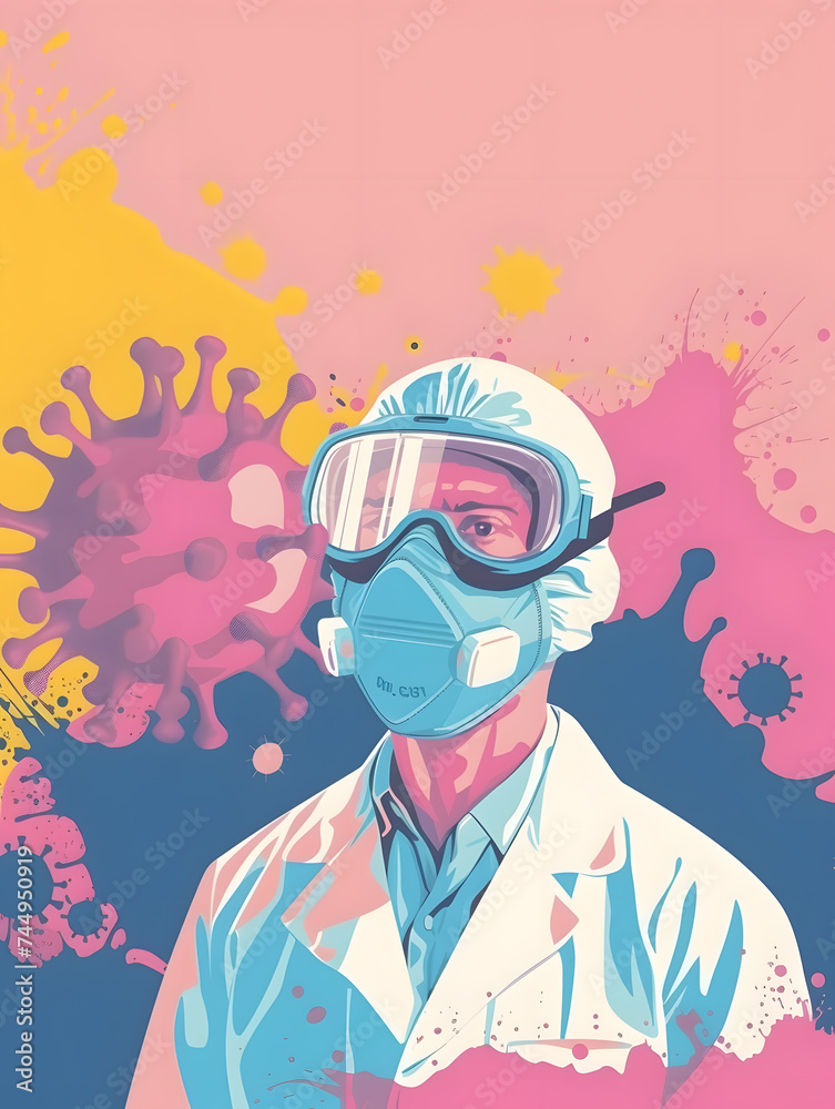 portrait of a person or doctor in a mask eith virus with free space for text