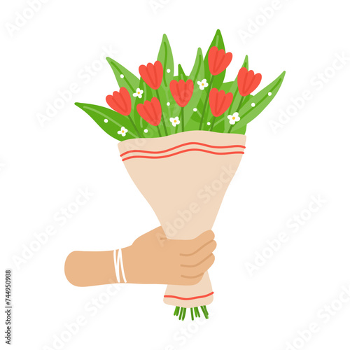 Hand icon holding bouquet with tulips. Hand drawn flat cartoon element. Vector illustration