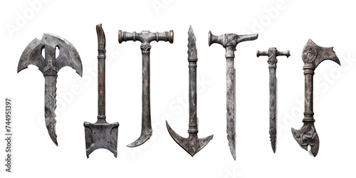 Collection of fantasy metal tool isolated on a white background as transparent PNG
