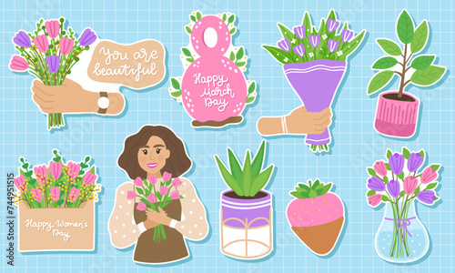 Spring sticker pack for March 8: bouquet, girl, flowers, envelope, lettering. Hand drawn flat cartoon elements. Vector illustration