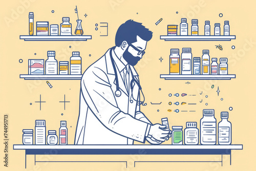 Pharmacist working with different medicine outline