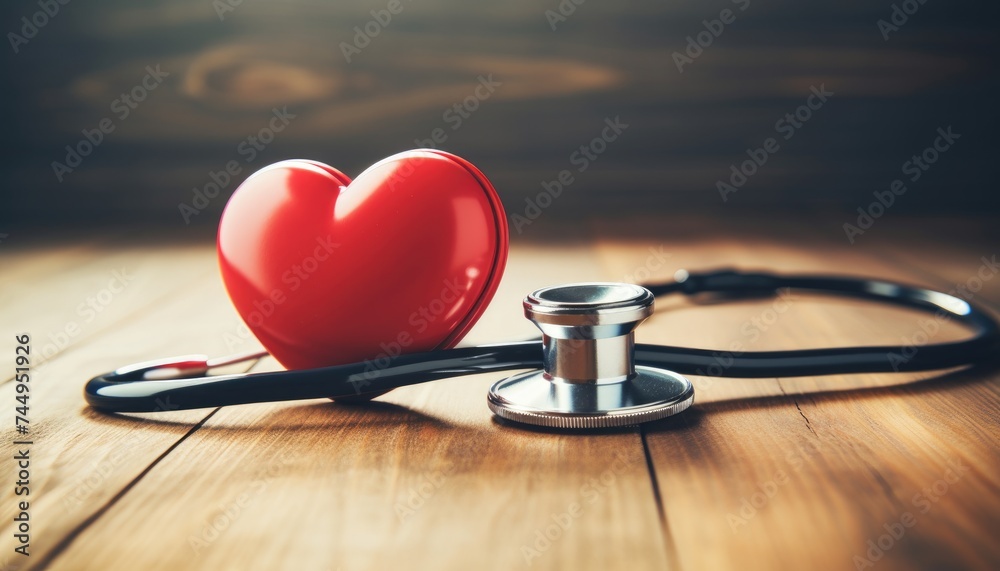 a red heart with a stethoscope on a wooden table a red heart with a stethoscope on a wooden table