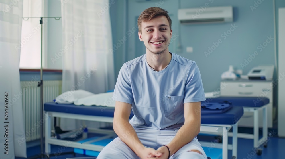 Young physiotherapist smiling sitting on stretcher in his medical clinic. Young physiotherapist smiling sitting on stretcher in his medical clinic.