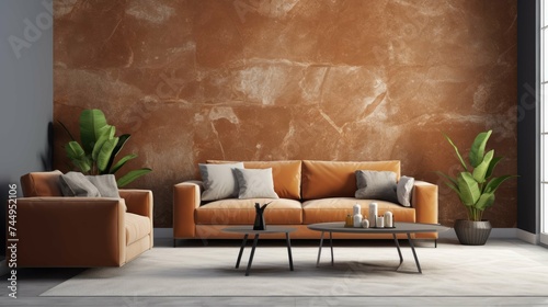 A living room with a couch, chair, table and a rug on the floor in front of a wall that has a brown color.jpeg