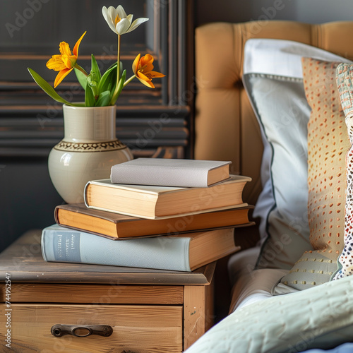 interior of a bedroom, books on top of a nightstand, reading in the morning, book collection © Diana D.
