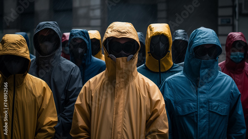 Group in colorful raincoats and masks. photo