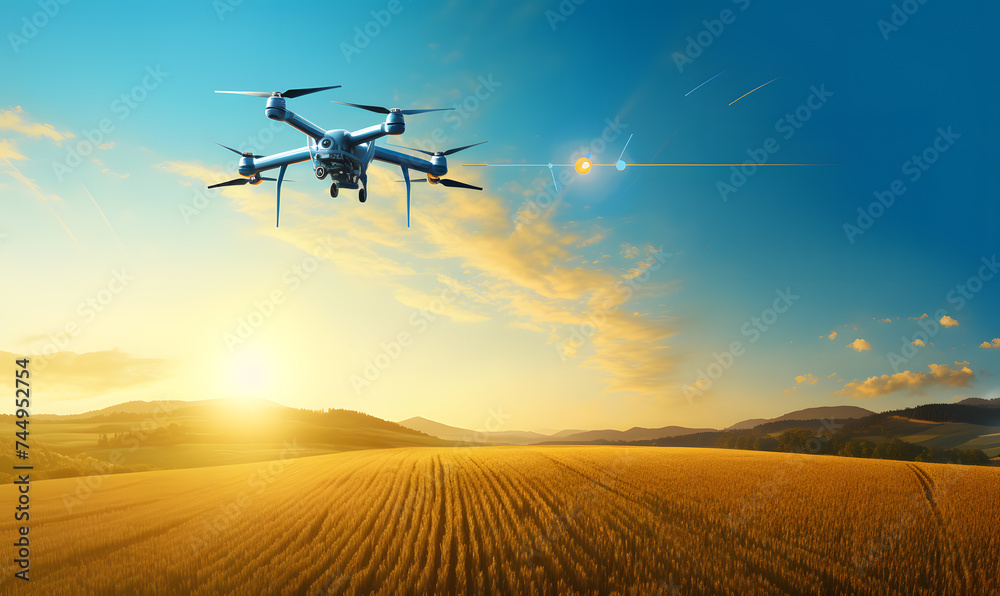 drone flying on farmland at sunrise background drone flying on farmland at sunrise background