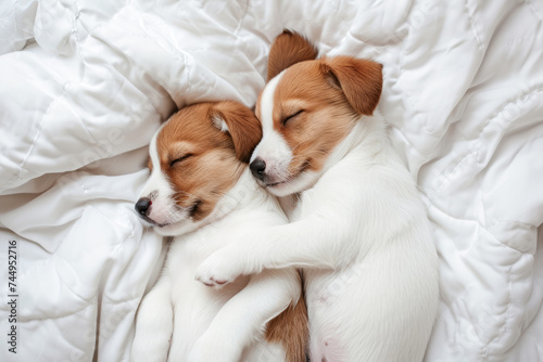 Two puppies sleeping together on a white quilt. 