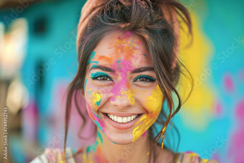 Closeup portrait of a girl covered with bright colourful powders during Holi celebration. 