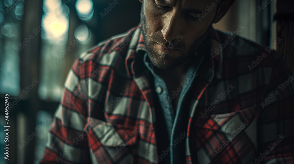 Contemplative man in a flannel shirt.