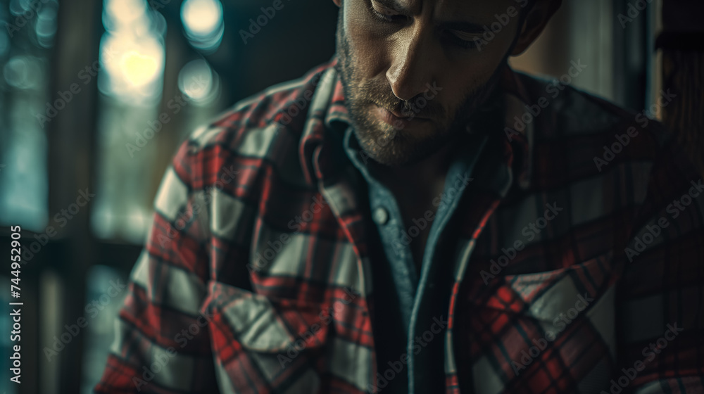 Contemplative man in a flannel shirt. Contemplative man in a flannel shirt.