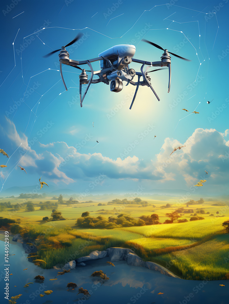 drone flying on farmland at sunrise background drone flying on farmland at sunrise background