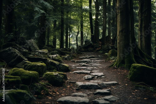 a path in the woods with rocks and trees on either side