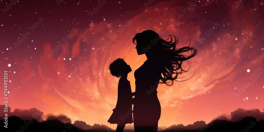 A silhouette of a mother and child with space