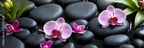 pink flowers on black stones 