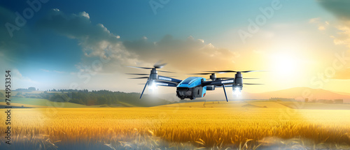 drone flying on farmland at sunrise background