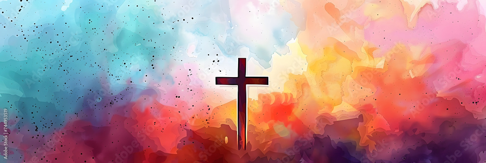 Cross of Jesus Christ on a colorful watercolor background. - obrazy, fototapety, plakaty 