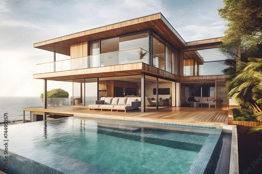 opulent seaside villa with pool and patio that overlooks the ocean. wooden deck at a resort or vacation house. of a modern vacation home's façade