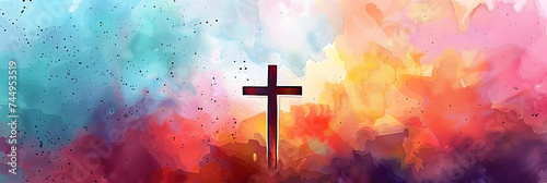 Cross of Jesus Christ on a colorful watercolor background.