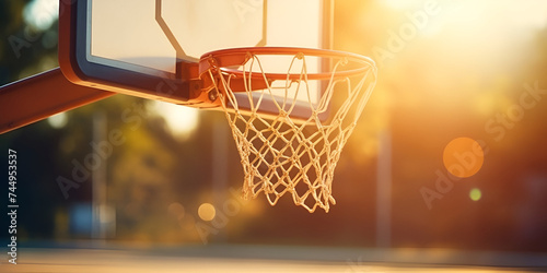 Basketball ball thrown through metal hoop at sunset, Street basketball hoop net on sunset background. Urban youth game.