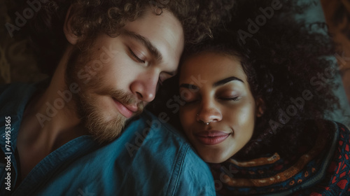 Couple resting in a cozy embrace.