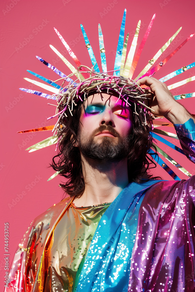 glam jesus wearing sequin robes, makeup and halo headpiece isolated on plain pink studio background