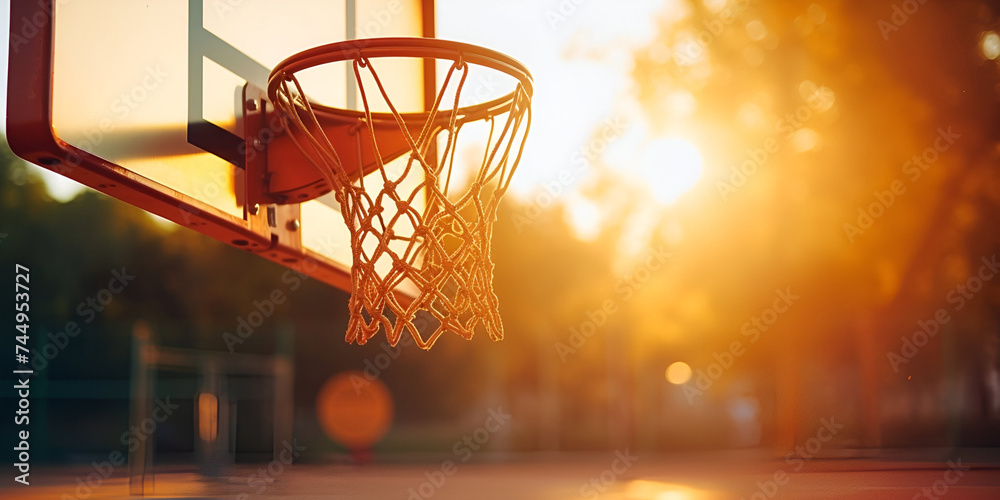 A basketball hitting the hoop against the background of the sports field and the sunset, Basketball hoop gleams in the sunlight, a symbol of sport