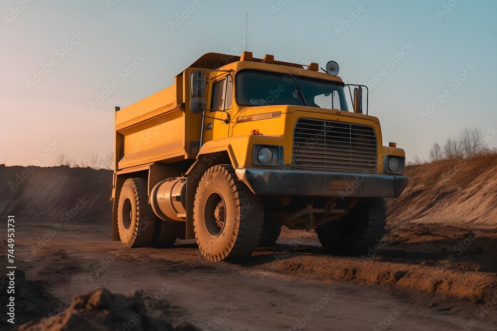 yellow dump truck parked in a dirt field 