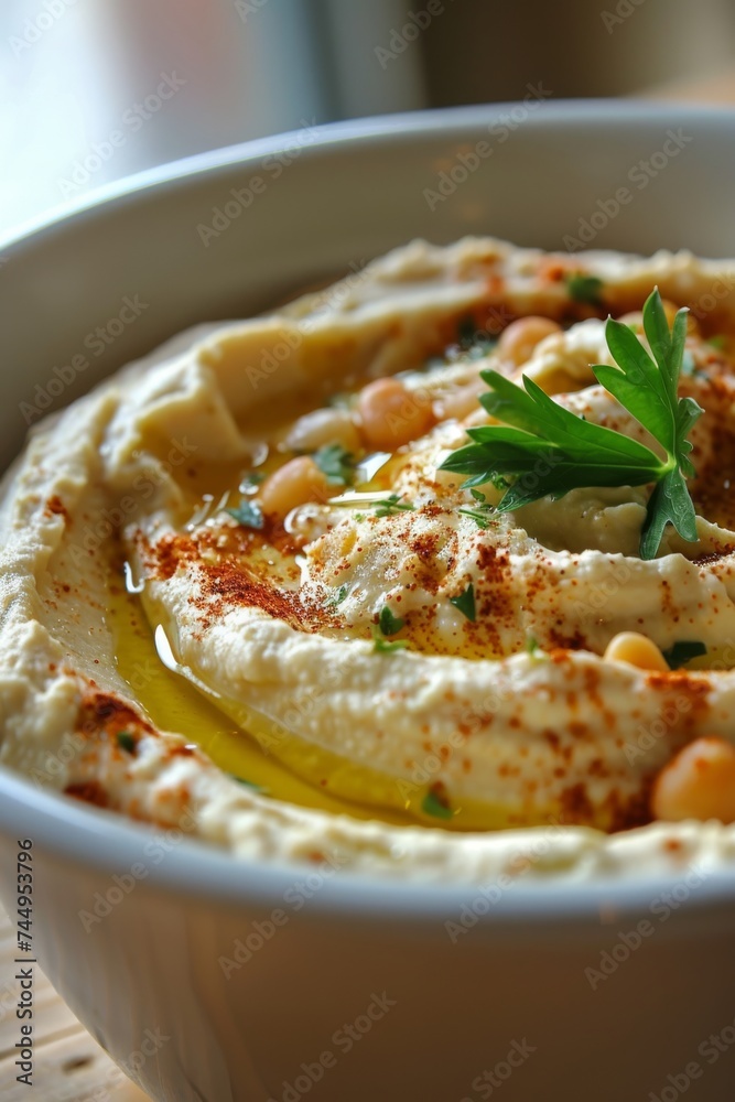 Close-up of hummus in a bowl garnished with parsley and paprika Close-up of hummus in a bowl garnished with parsley and paprika